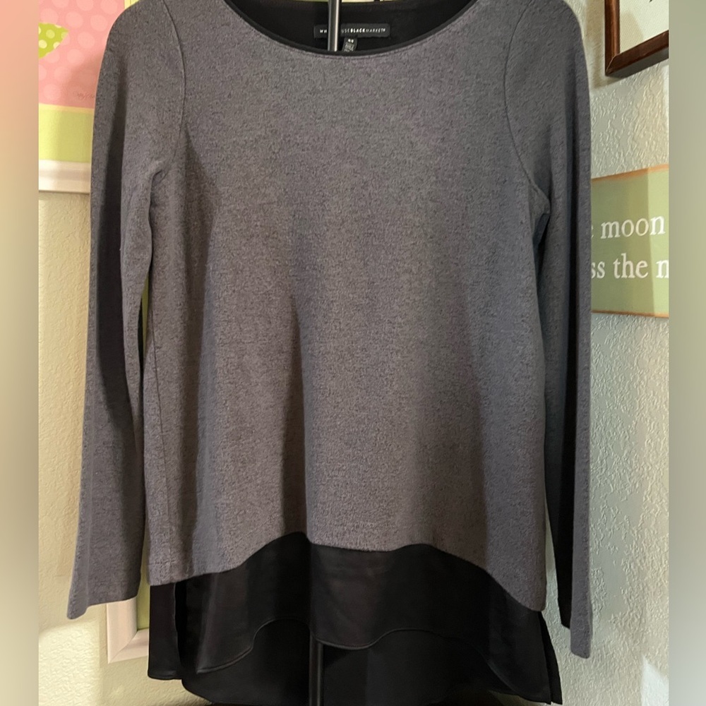 White House Black Market Gray and Black Long Sleeve Blouse #069